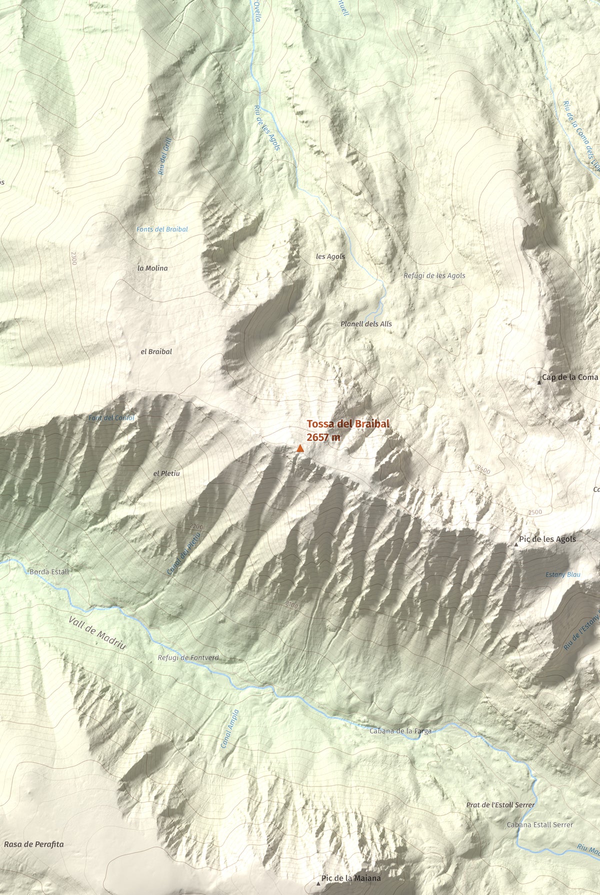 Mapa de relieve de Tossa del Braibal, 2657 m, Andorra, lámina 100 Cims de Trobart. Detalle de la zona central. 61 × 91 cm.