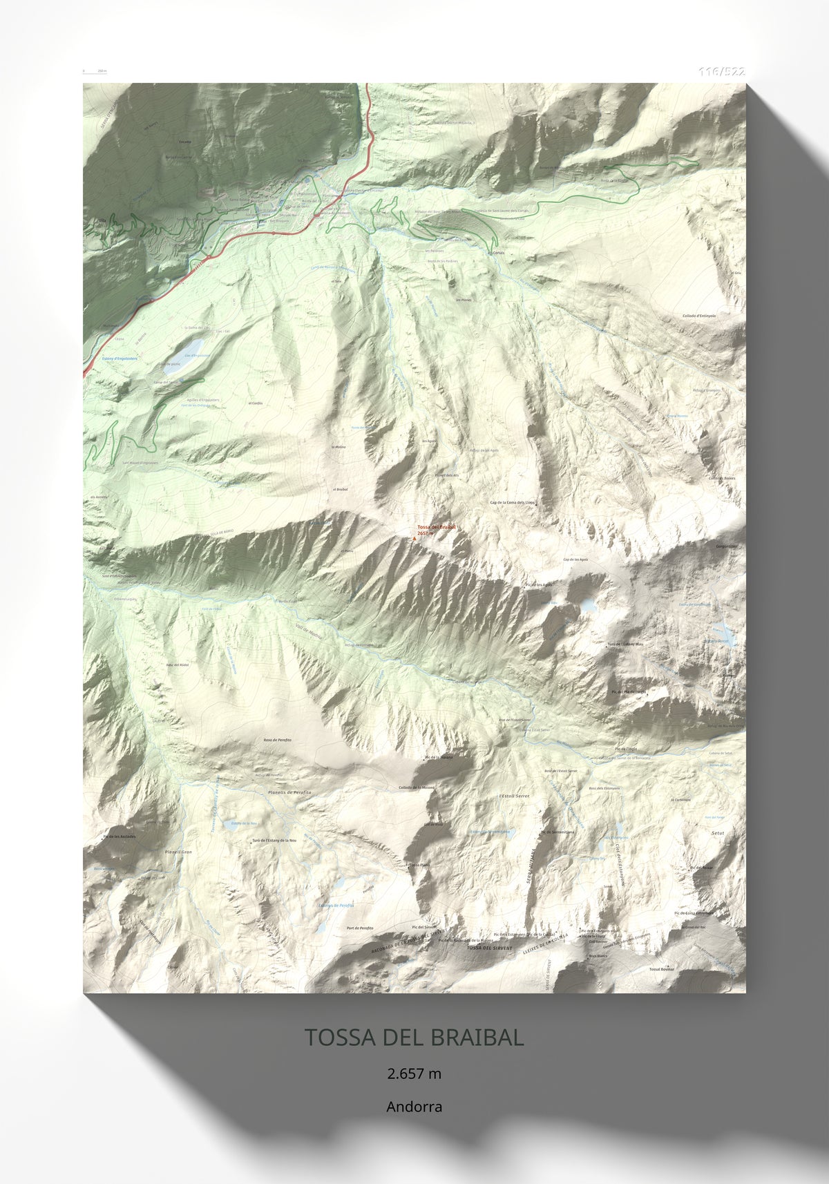 Mapa de relieve de Tossa del Braibal, 2657 m, Andorra, lámina 100 Cims de Trobart 70 × 100 cm.