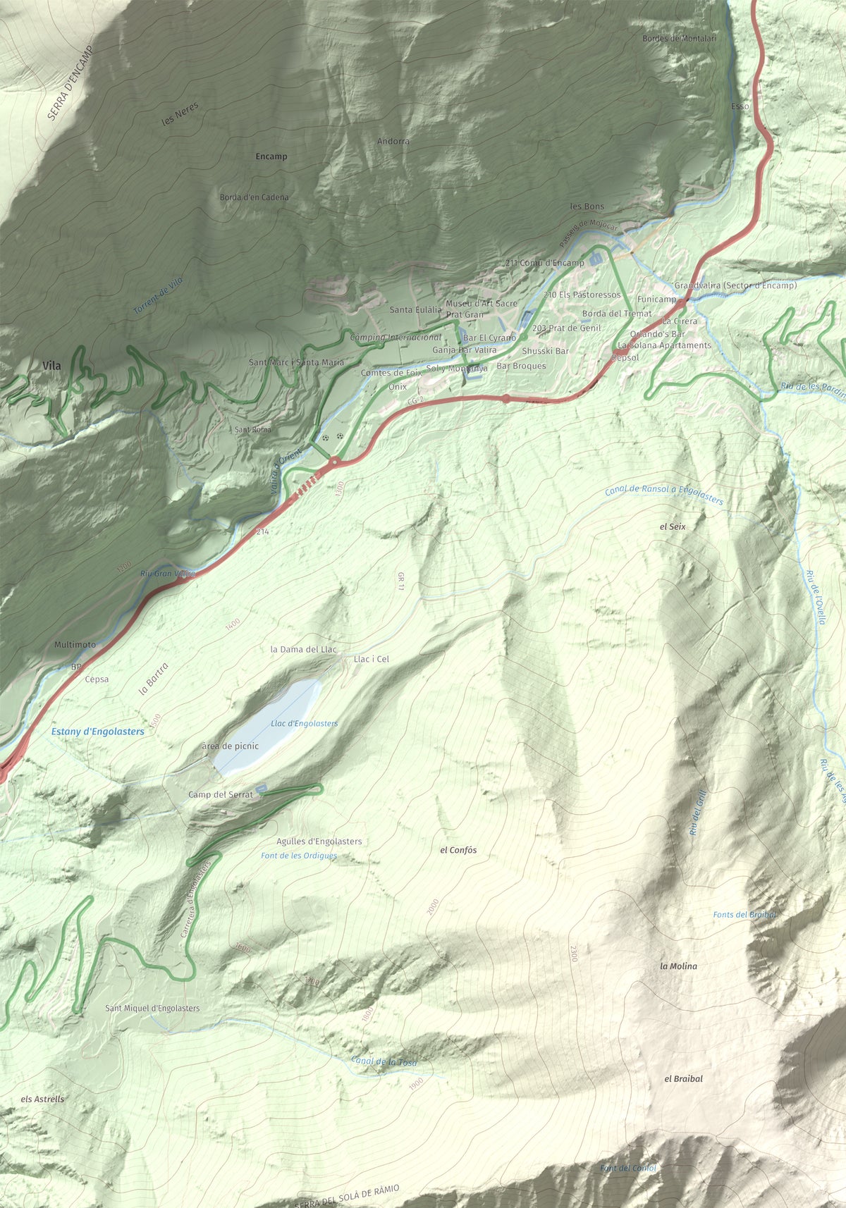 Mapa de relieve de Tossa del Braibal, 2657 m, Andorra, lámina 100 Cims de Trobart. Detalle de la zona superior izquierda. 70 × 100 cm.