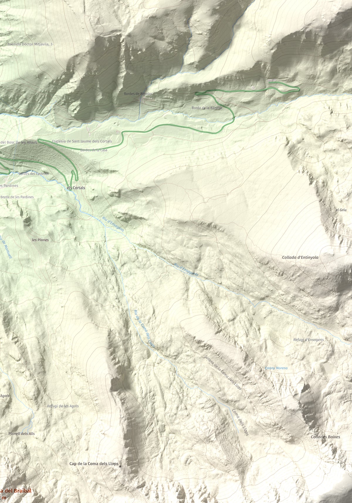 Mapa de relieve de Tossa del Braibal, 2657 m, Andorra, lámina 100 Cims de Trobart. Detalle de la zona superior derecha. 70 × 100 cm.