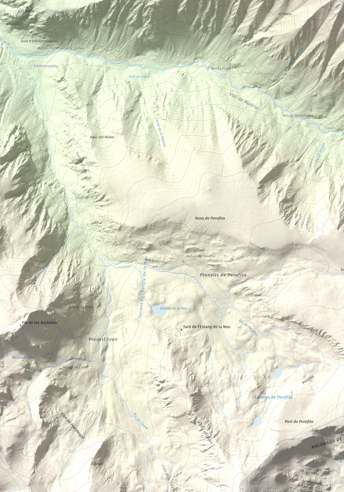 Mapa de relieve de Tossa del Braibal, 2657 m, Andorra, lámina 100 Cims de Trobart. Detalle de la zona inferior izquierda. 70 × 100 cm.