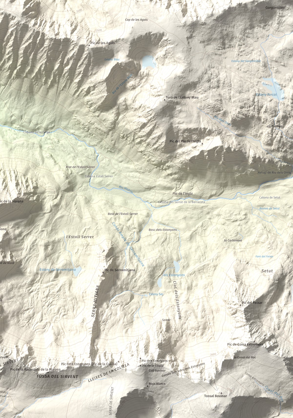Mapa de relieve de Tossa del Braibal, 2657 m, Andorra, lámina 100 Cims de Trobart. Detalle de la zona inferior derecha. 70 × 100 cm.