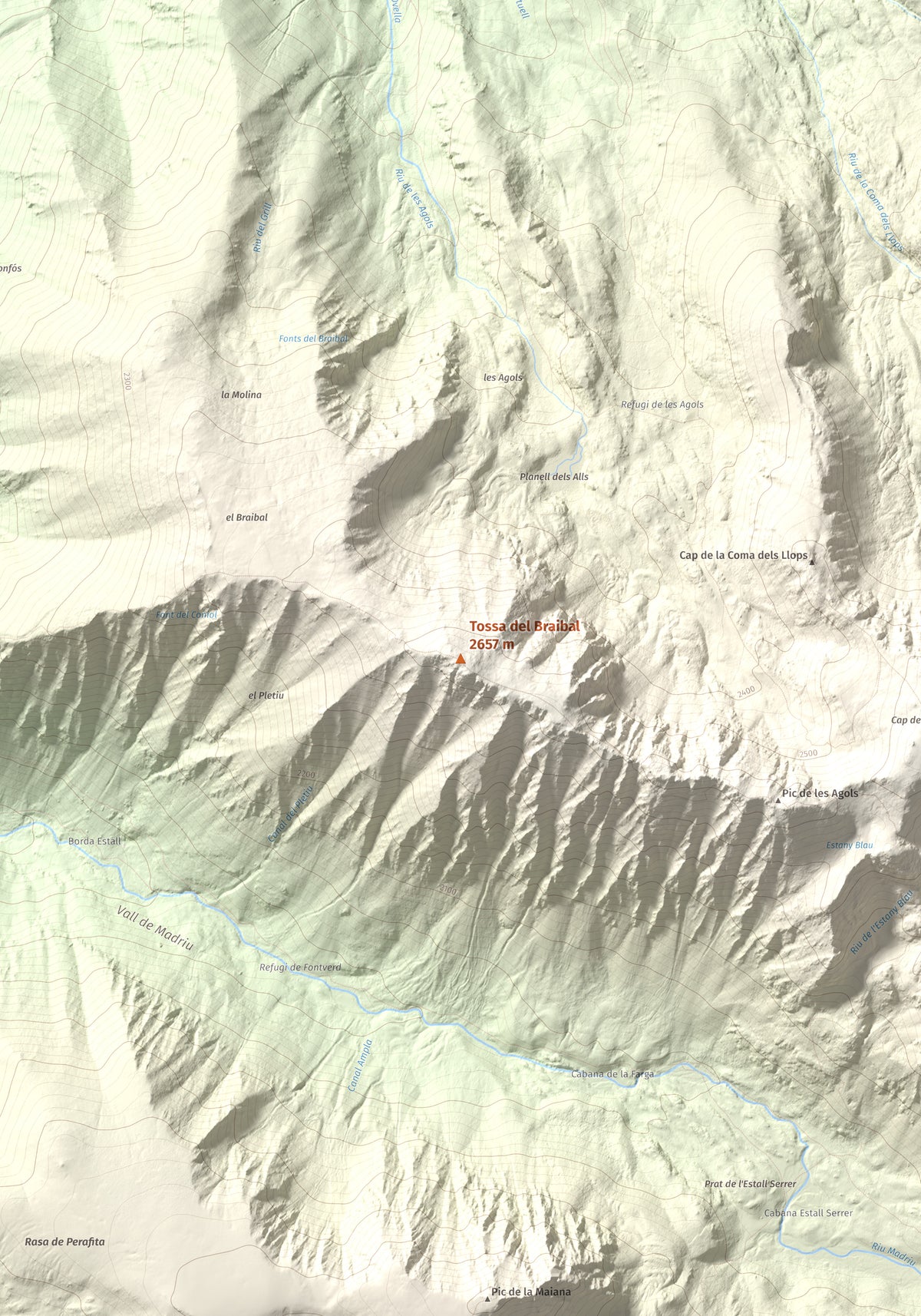 Mapa de relieve de Tossa del Braibal, 2657 m, Andorra, lámina 100 Cims de Trobart. Detalle de la zona central. 70 × 100 cm.
