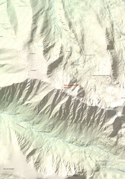 Mapa de relieve de Tossa del Braibal, 2657 m, Andorra, lámina 100 Cims de Trobart. Detalle de la zona central. 70 × 100 cm.