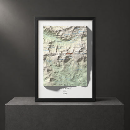 Mapa de relieve de Tossal Bovinar, 2842 m, Cerdanya, lámina 100 Cims de Trobart. Presentación enmarcada. 21 × 30 cm.