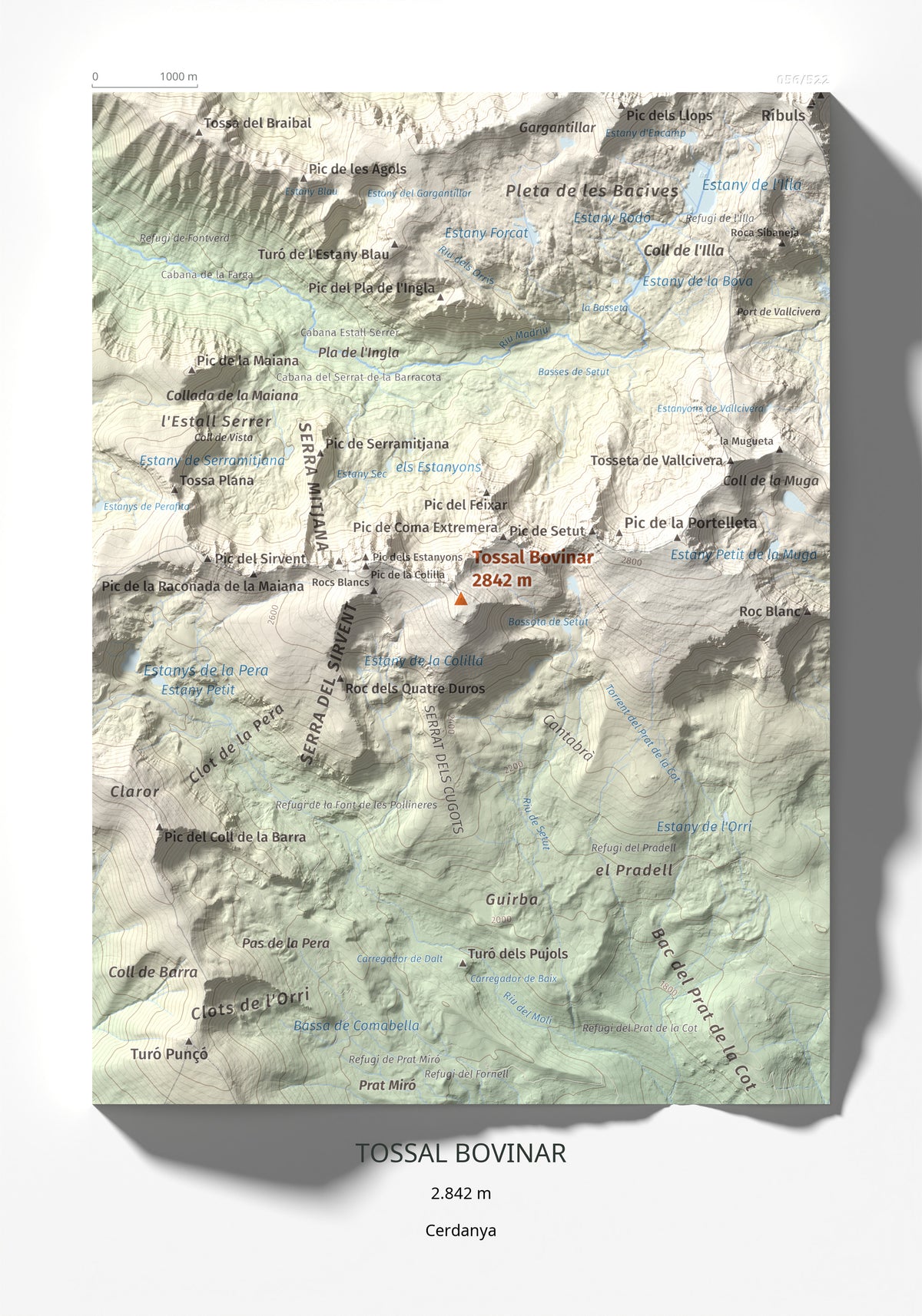 Mapa de relieve de Tossal Bovinar, 2842 m, Cerdanya, lámina 100 Cims de Trobart 21 × 30 cm.