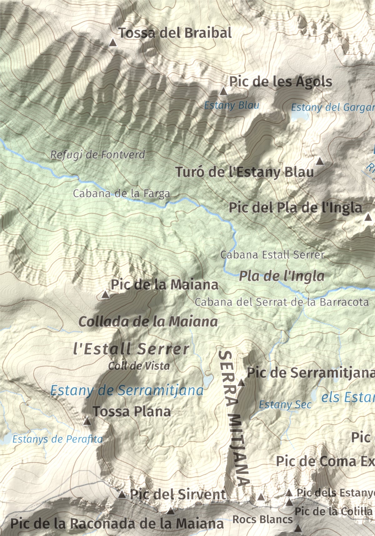 Mapa de relieve de Tossal Bovinar, 2842 m, Cerdanya, lámina 100 Cims de Trobart. Detalle de la zona superior izquierda. 21 × 30 cm.