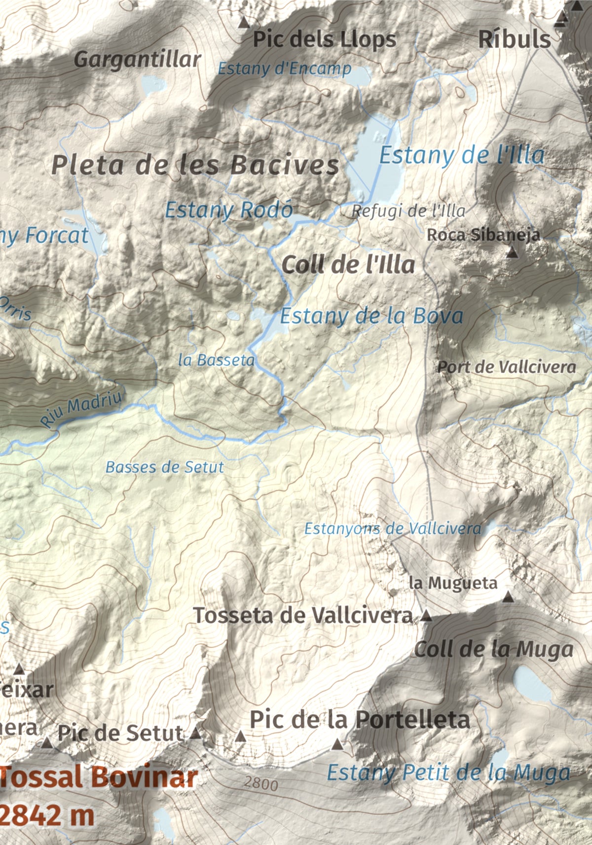 Mapa de relieve de Tossal Bovinar, 2842 m, Cerdanya, lámina 100 Cims de Trobart. Detalle de la zona superior derecha. 21 × 30 cm.