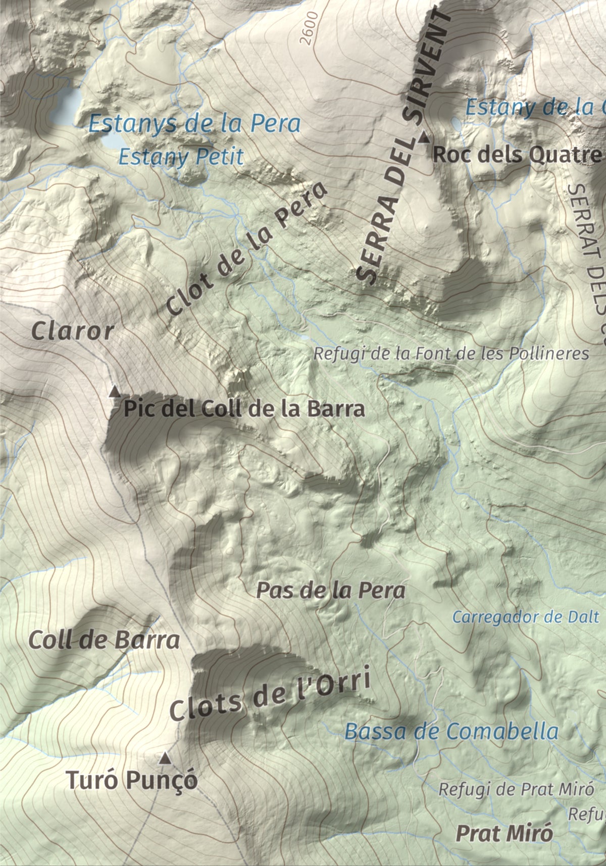 Mapa de relieve de Tossal Bovinar, 2842 m, Cerdanya, lámina 100 Cims de Trobart. Detalle de la zona inferior izquierda. 21 × 30 cm.