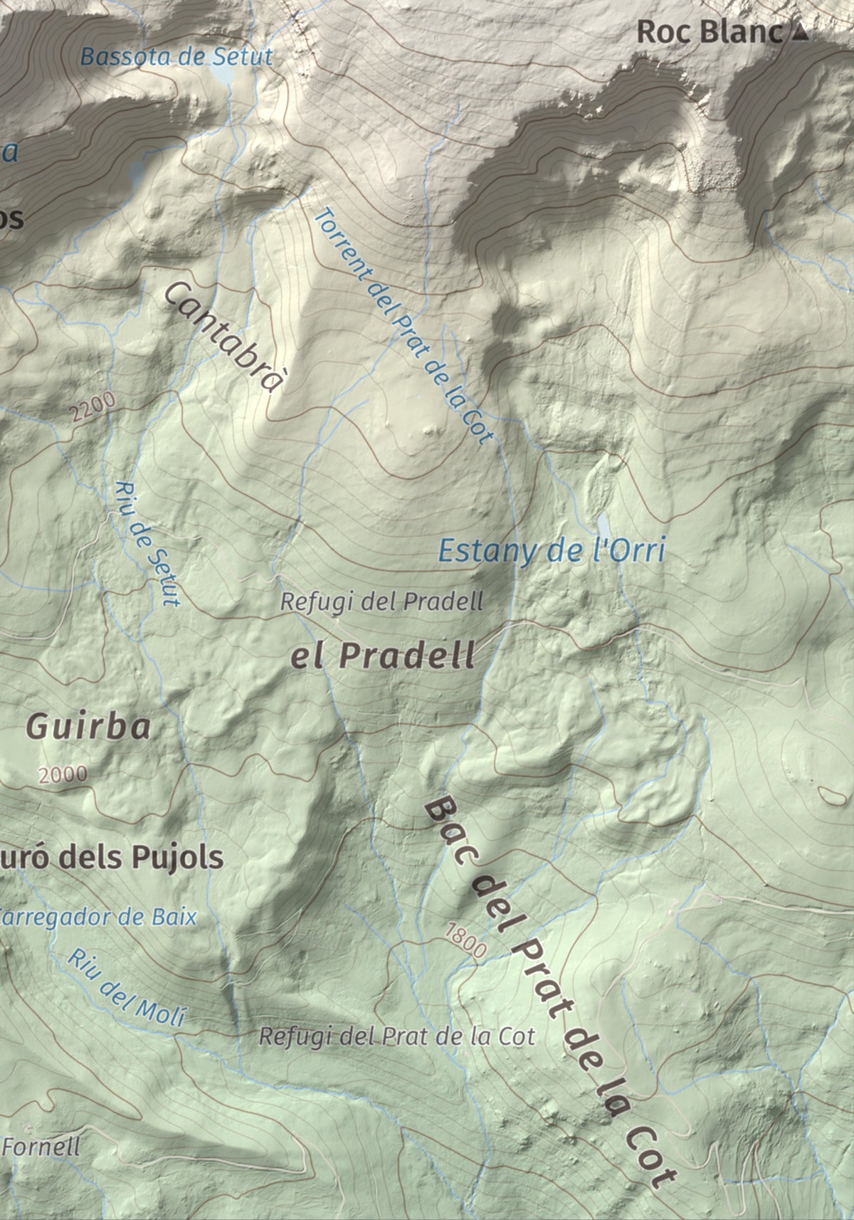 Mapa de relieve de Tossal Bovinar, 2842 m, Cerdanya, lámina 100 Cims de Trobart. Detalle de la zona inferior derecha. 21 × 30 cm.