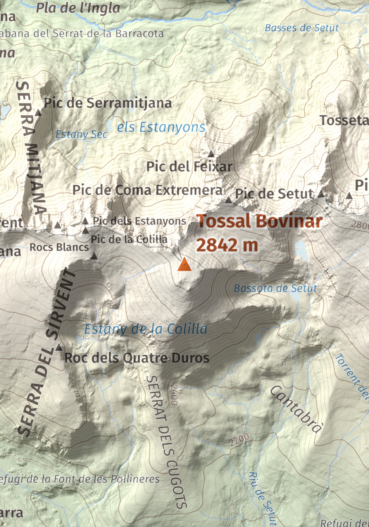 Mapa de relieve de Tossal Bovinar, 2842 m, Cerdanya, lámina 100 Cims de Trobart. Detalle de la zona central. 21 × 30 cm.