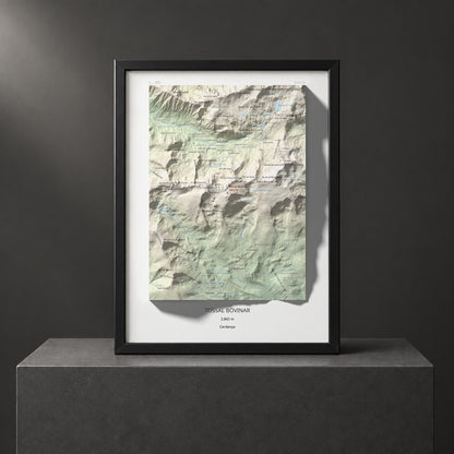 Mapa de relieve de Tossal Bovinar, 2842 m, Cerdanya, lámina 100 Cims de Trobart. Presentación enmarcada. 30 × 40 cm.