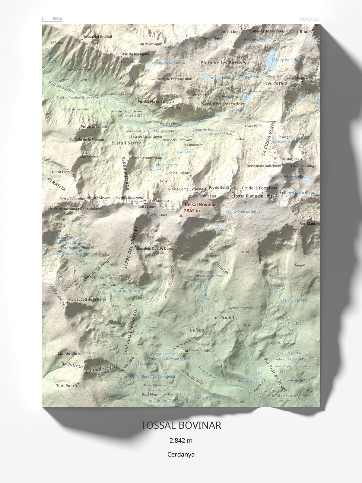 Mapa de relieve de Tossal Bovinar, 2842 m, Cerdanya, lámina 100 Cims de Trobart 30 × 40 cm.