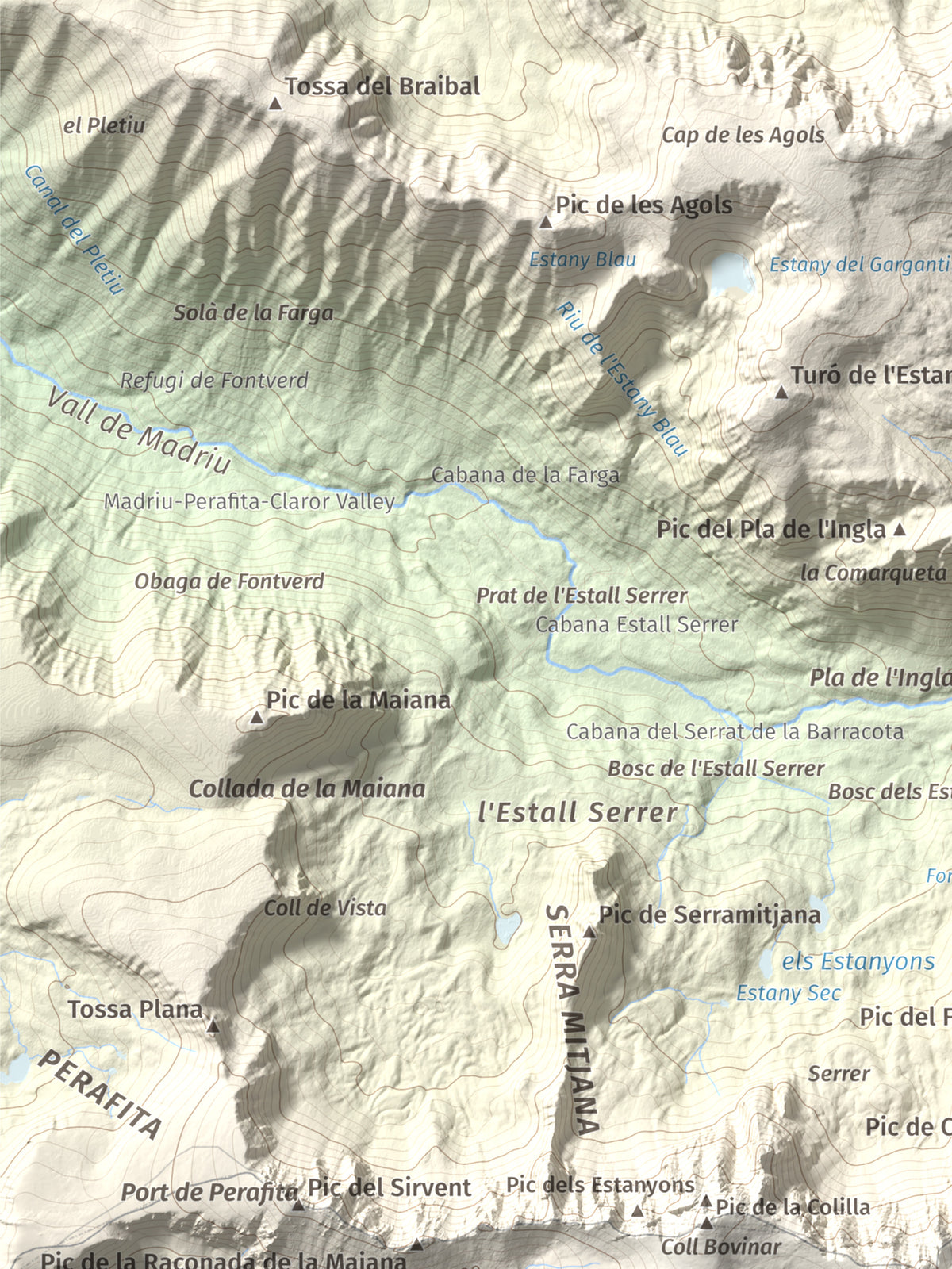 Mapa de relieve de Tossal Bovinar, 2842 m, Cerdanya, lámina 100 Cims de Trobart. Detalle de la zona superior izquierda. 30 × 40 cm.