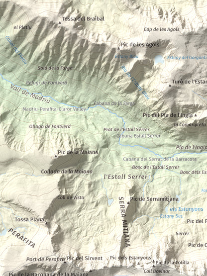 Mapa de relieve de Tossal Bovinar, 2842 m, Cerdanya, lámina 100 Cims de Trobart. Detalle de la zona superior izquierda. 30 × 40 cm.