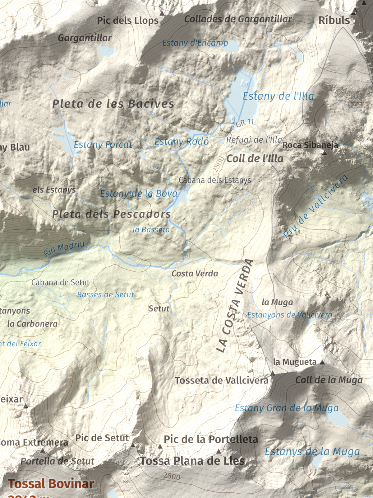 Mapa de relieve de Tossal Bovinar, 2842 m, Cerdanya, lámina 100 Cims de Trobart. Detalle de la zona superior derecha. 30 × 40 cm.