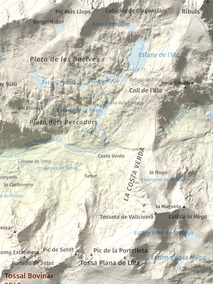 Mapa de relieve de Tossal Bovinar, 2842 m, Cerdanya, lámina 100 Cims de Trobart. Detalle de la zona superior derecha. 30 × 40 cm.