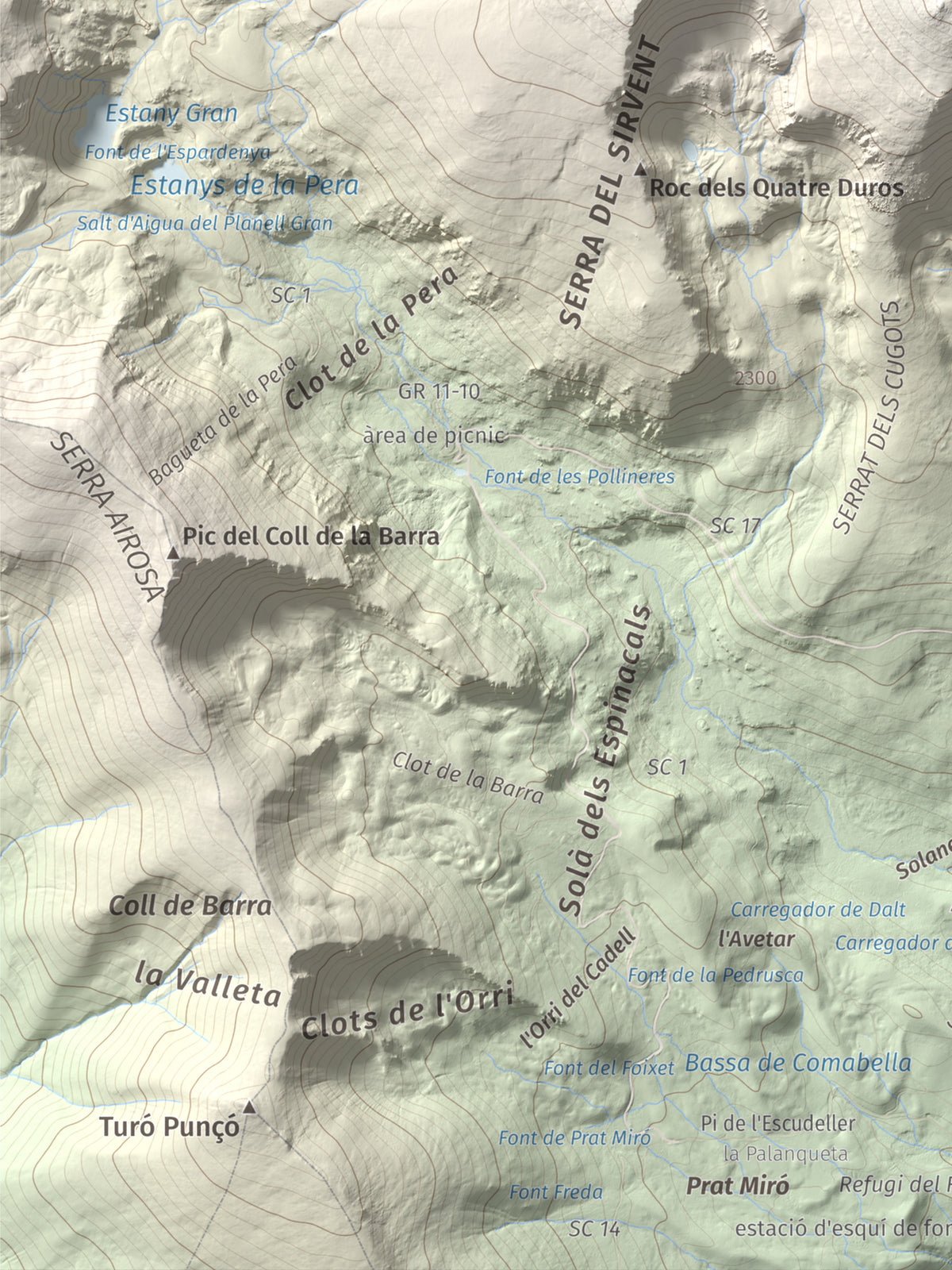 Mapa de relieve de Tossal Bovinar, 2842 m, Cerdanya, lámina 100 Cims de Trobart. Detalle de la zona inferior izquierda. 30 × 40 cm.