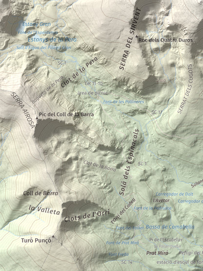 Mapa de relieve de Tossal Bovinar, 2842 m, Cerdanya, lámina 100 Cims de Trobart. Detalle de la zona inferior izquierda. 30 × 40 cm.