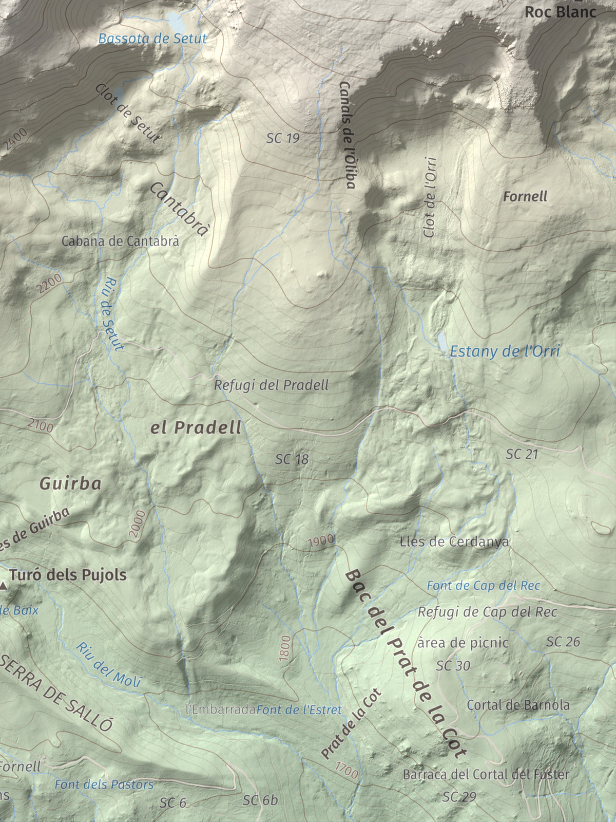 Mapa de relieve de Tossal Bovinar, 2842 m, Cerdanya, lámina 100 Cims de Trobart. Detalle de la zona inferior derecha. 30 × 40 cm.