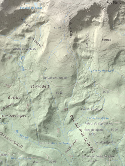 Mapa de relieve de Tossal Bovinar, 2842 m, Cerdanya, lámina 100 Cims de Trobart. Detalle de la zona inferior derecha. 30 × 40 cm.