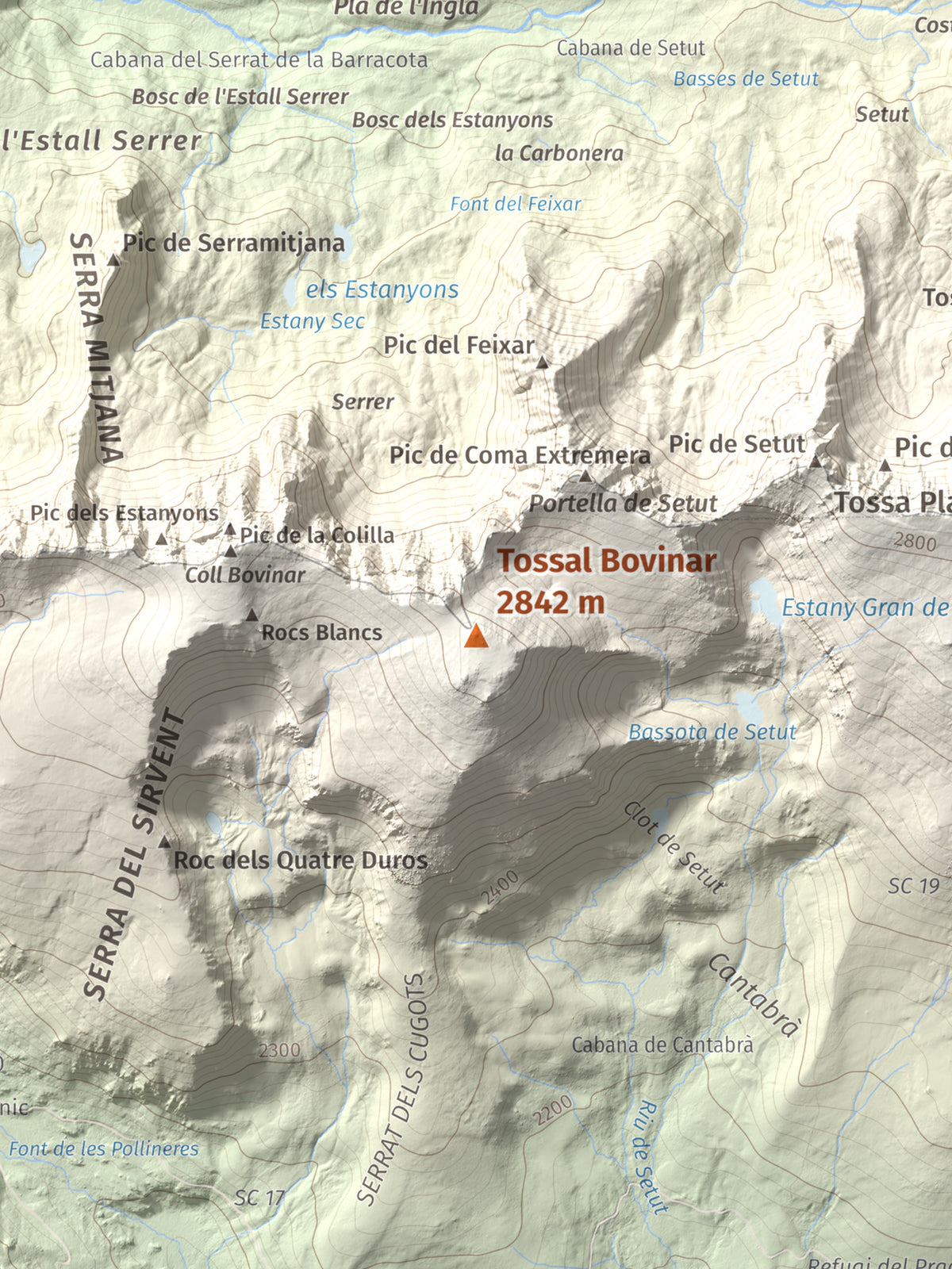 Mapa de relieve de Tossal Bovinar, 2842 m, Cerdanya, lámina 100 Cims de Trobart. Detalle de la zona central. 30 × 40 cm.