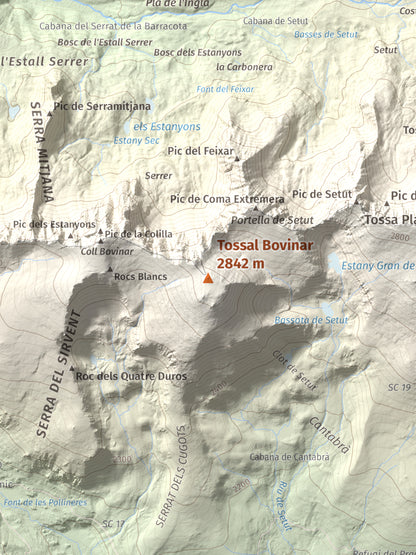 Mapa de relieve de Tossal Bovinar, 2842 m, Cerdanya, lámina 100 Cims de Trobart. Detalle de la zona central. 30 × 40 cm.