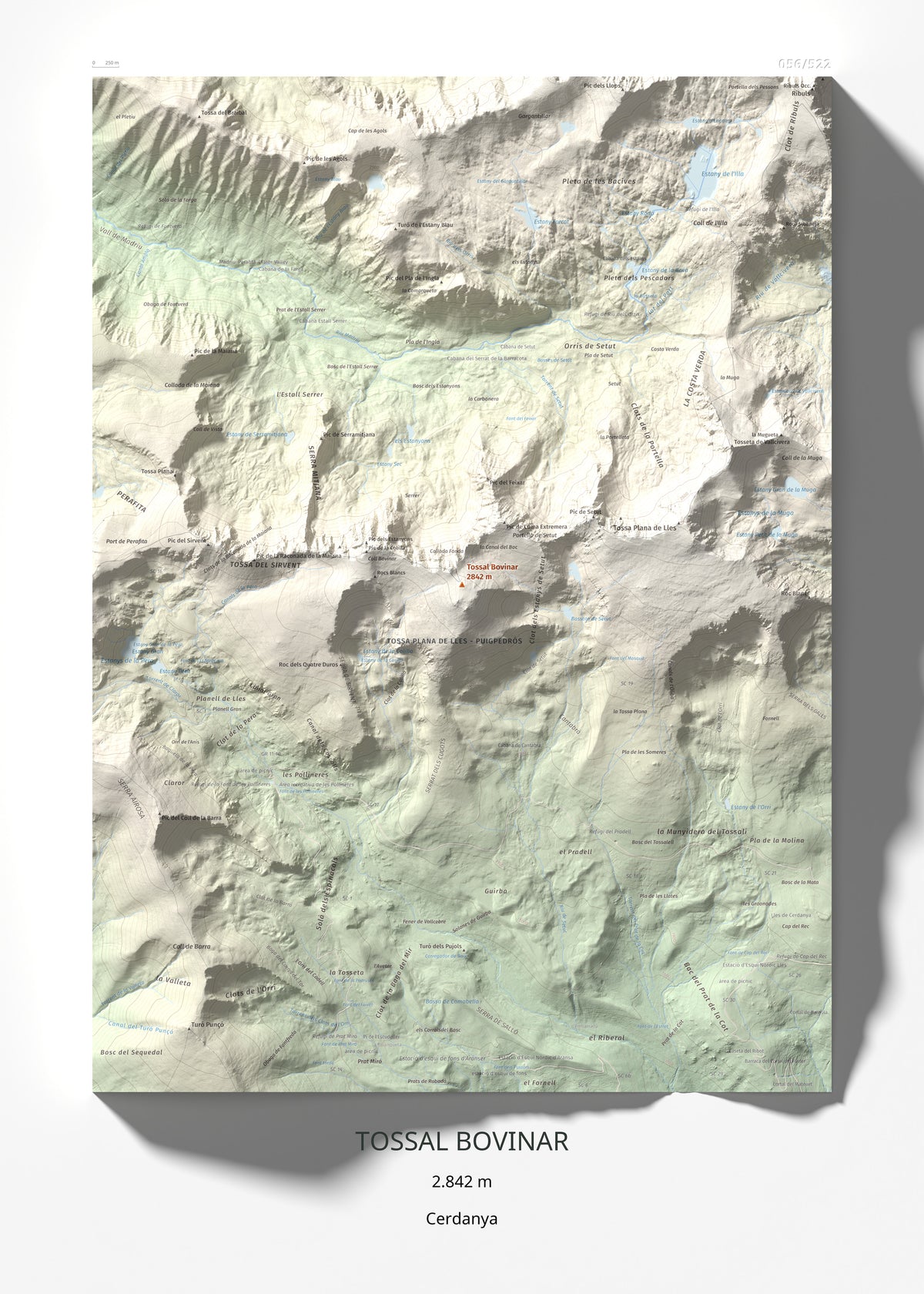 Mapa de relieve de Tossal Bovinar, 2842 m, Cerdanya, lámina 100 Cims de Trobart 50 × 70 cm.