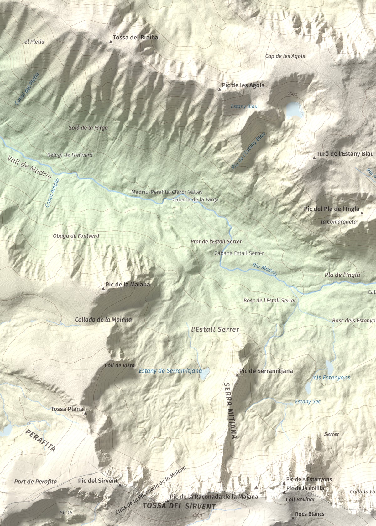 Mapa de relieve de Tossal Bovinar, 2842 m, Cerdanya, lámina 100 Cims de Trobart. Detalle de la zona superior izquierda. 50 × 70 cm.