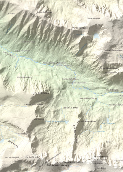 Mapa de relieve de Tossal Bovinar, 2842 m, Cerdanya, lámina 100 Cims de Trobart. Detalle de la zona superior izquierda. 50 × 70 cm.