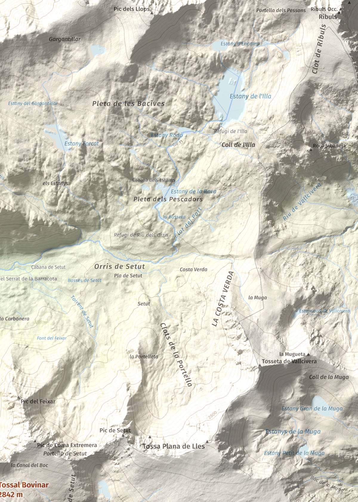 Mapa de relieve de Tossal Bovinar, 2842 m, Cerdanya, lámina 100 Cims de Trobart. Detalle de la zona superior derecha. 50 × 70 cm.