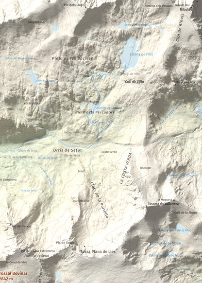 Mapa de relieve de Tossal Bovinar, 2842 m, Cerdanya, lámina 100 Cims de Trobart. Detalle de la zona superior derecha. 50 × 70 cm.