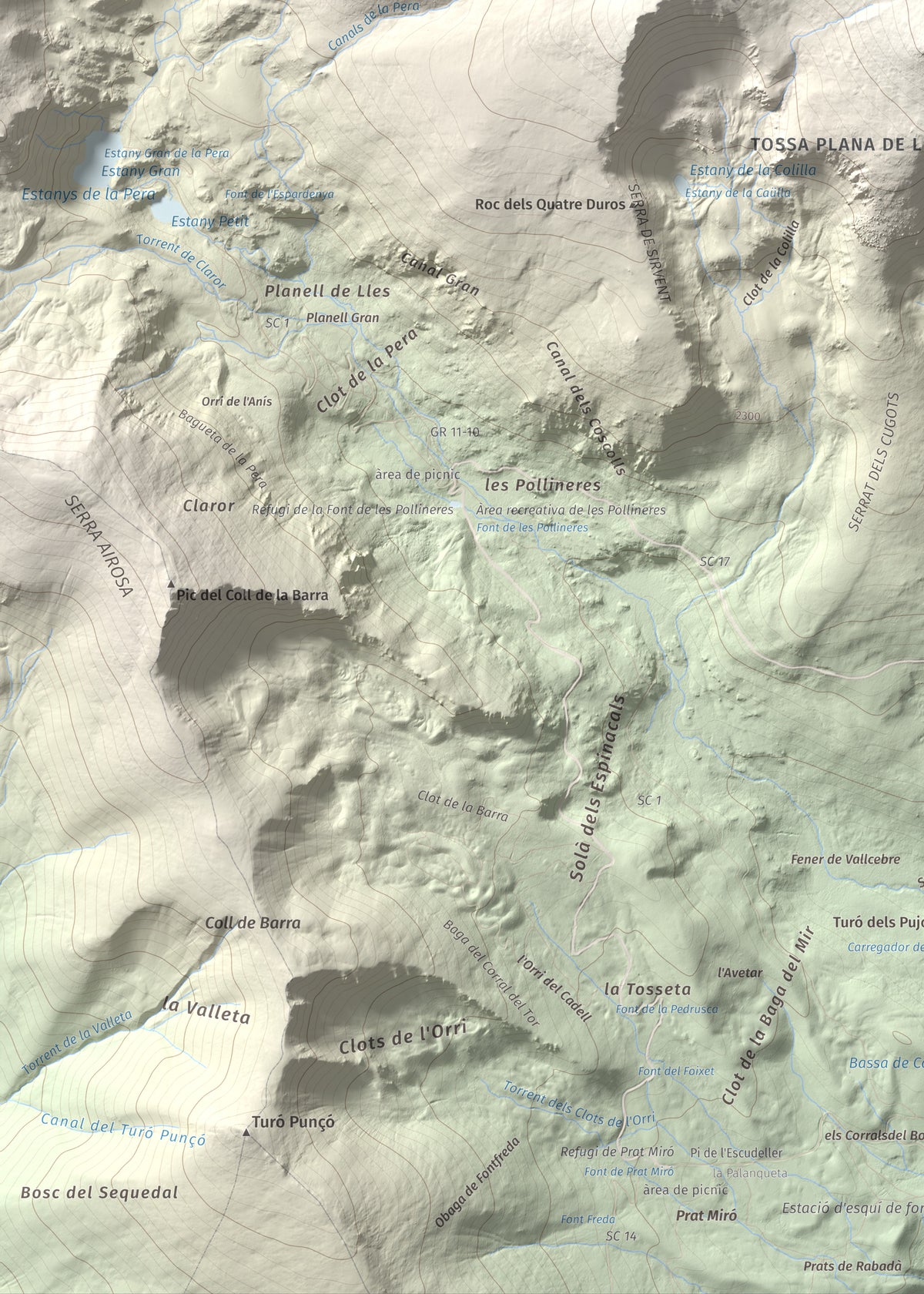 Mapa de relieve de Tossal Bovinar, 2842 m, Cerdanya, lámina 100 Cims de Trobart. Detalle de la zona inferior izquierda. 50 × 70 cm.