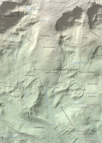 Mapa de relieve de Tossal Bovinar, 2842 m, Cerdanya, lámina 100 Cims de Trobart. Detalle de la zona inferior derecha. 50 × 70 cm.