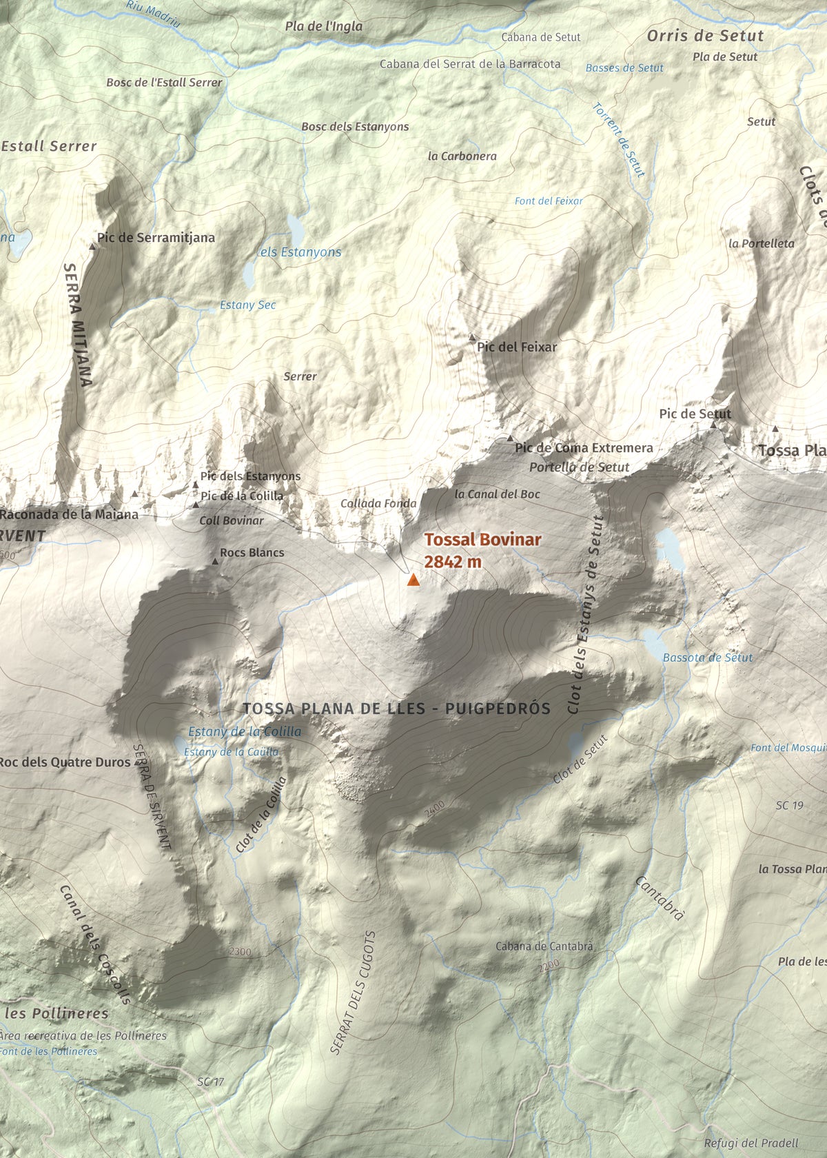 Mapa de relieve de Tossal Bovinar, 2842 m, Cerdanya, lámina 100 Cims de Trobart. Detalle de la zona central. 50 × 70 cm.