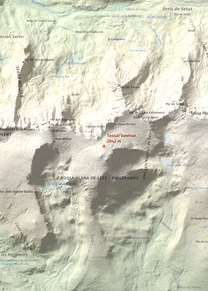 Mapa de relieve de Tossal Bovinar, 2842 m, Cerdanya, lámina 100 Cims de Trobart. Detalle de la zona central. 50 × 70 cm.