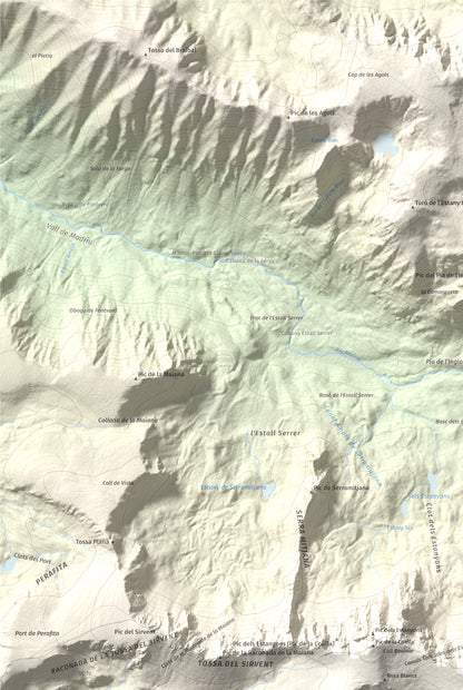 Mapa de relieve de Tossal Bovinar, 2842 m, Cerdanya, lámina 100 Cims de Trobart. Detalle de la zona superior izquierda. 61 × 91 cm.