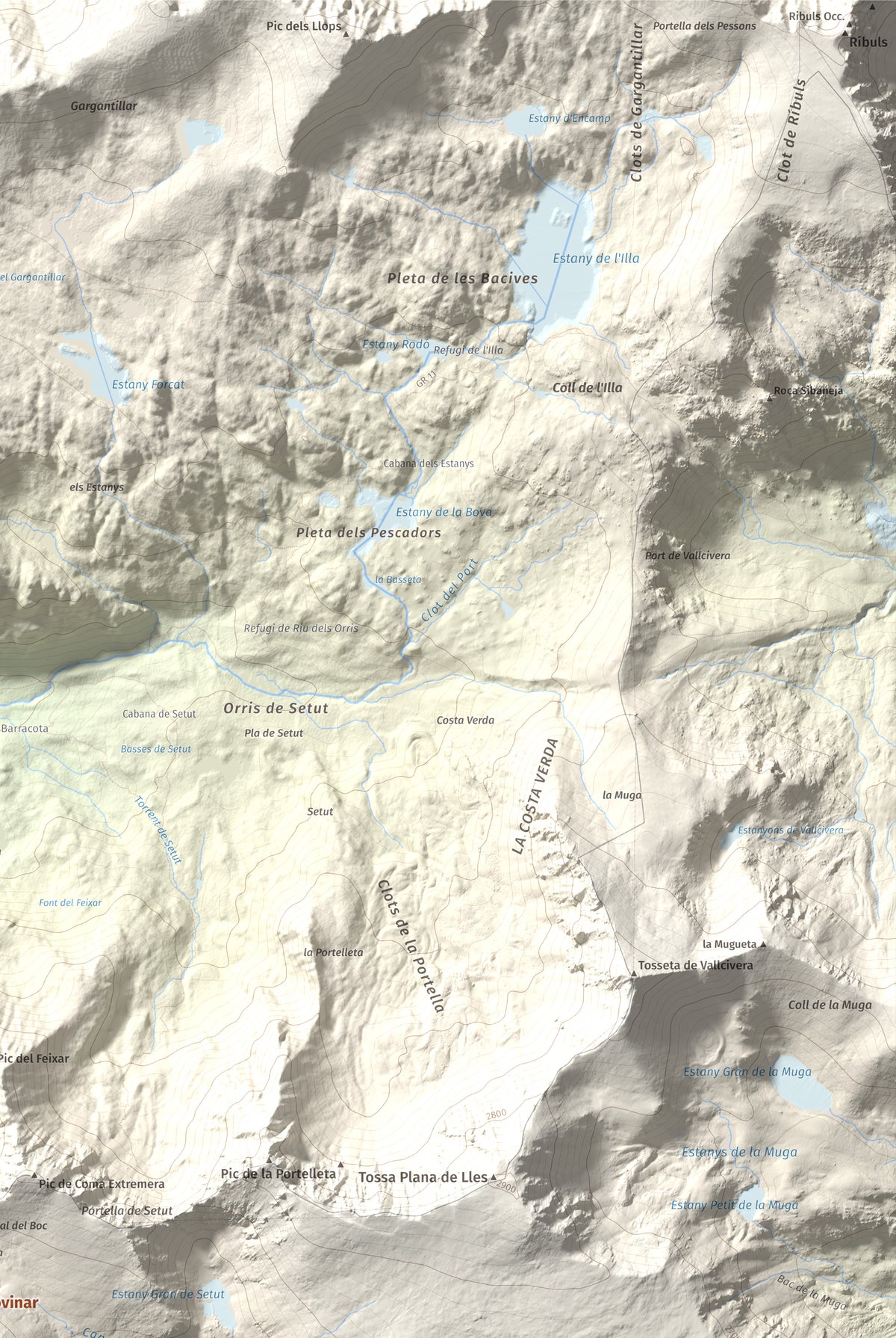 Mapa de relieve de Tossal Bovinar, 2842 m, Cerdanya, lámina 100 Cims de Trobart. Detalle de la zona superior derecha. 61 × 91 cm.