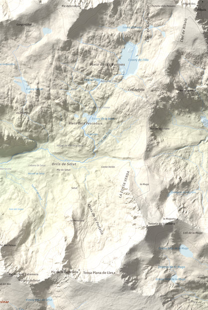 Mapa de relieve de Tossal Bovinar, 2842 m, Cerdanya, lámina 100 Cims de Trobart. Detalle de la zona superior derecha. 61 × 91 cm.