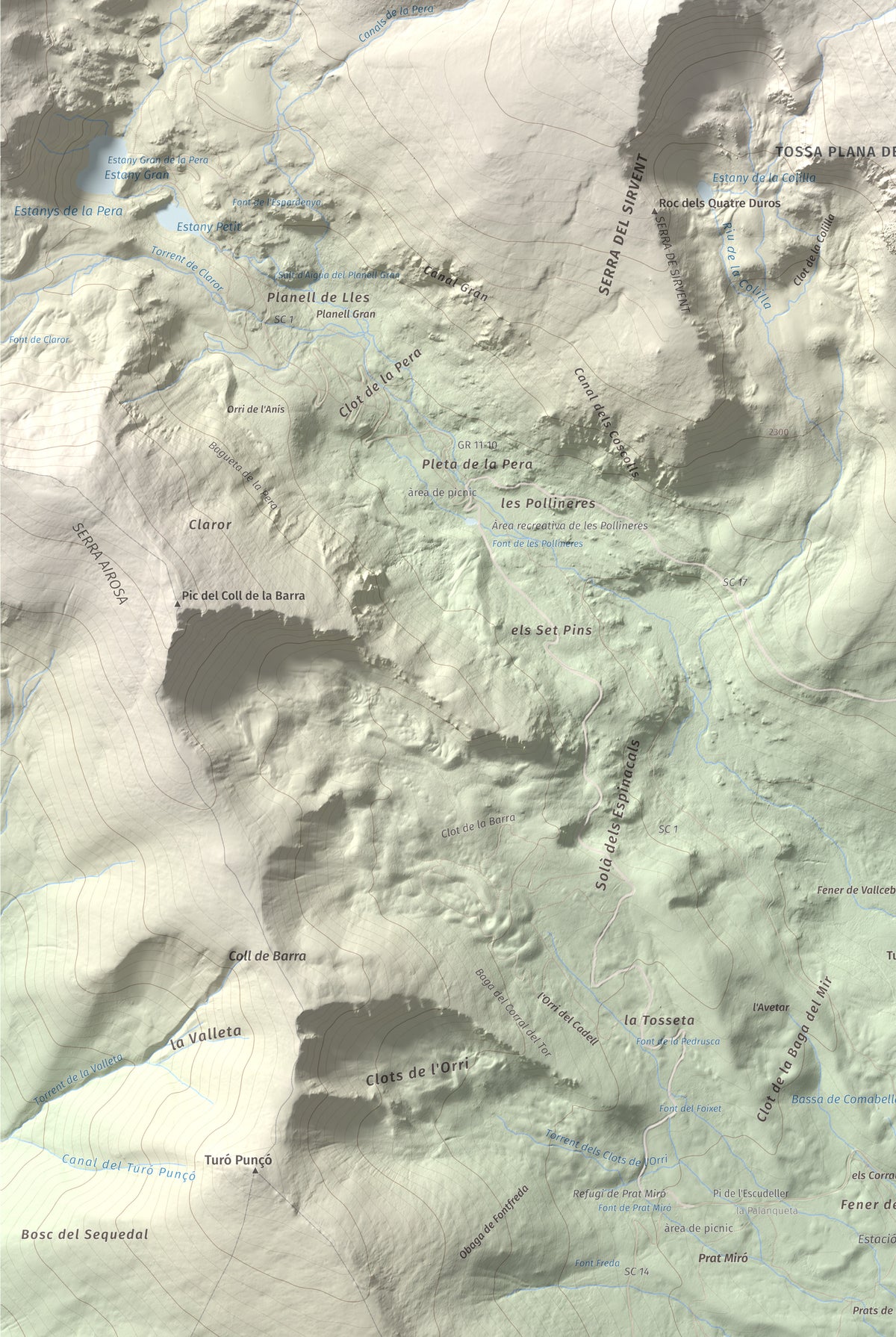 Mapa de relieve de Tossal Bovinar, 2842 m, Cerdanya, lámina 100 Cims de Trobart. Detalle de la zona inferior izquierda. 61 × 91 cm.