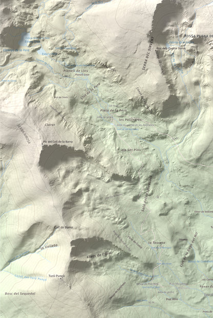 Mapa de relieve de Tossal Bovinar, 2842 m, Cerdanya, lámina 100 Cims de Trobart. Detalle de la zona inferior izquierda. 61 × 91 cm.