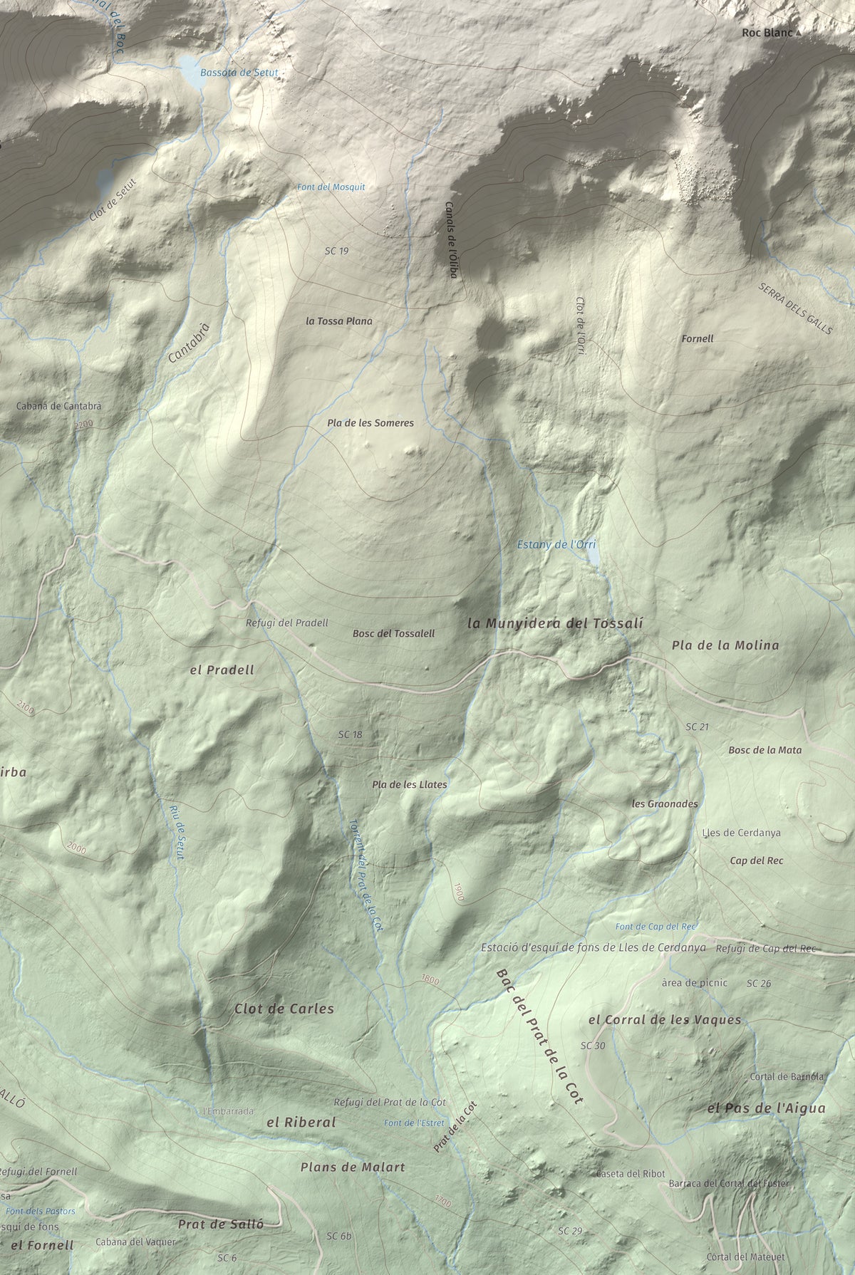 Mapa de relieve de Tossal Bovinar, 2842 m, Cerdanya, lámina 100 Cims de Trobart. Detalle de la zona inferior derecha. 61 × 91 cm.