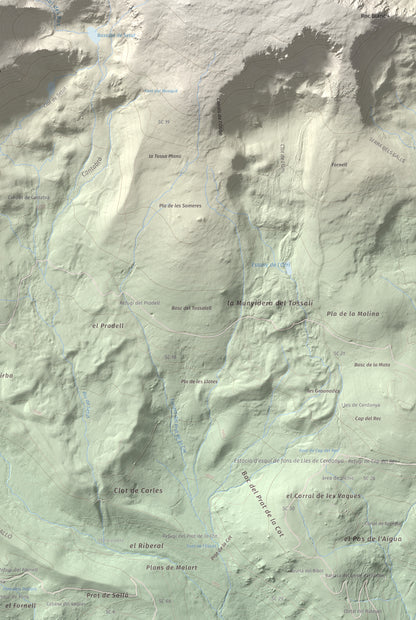 Mapa de relieve de Tossal Bovinar, 2842 m, Cerdanya, lámina 100 Cims de Trobart. Detalle de la zona inferior derecha. 61 × 91 cm.
