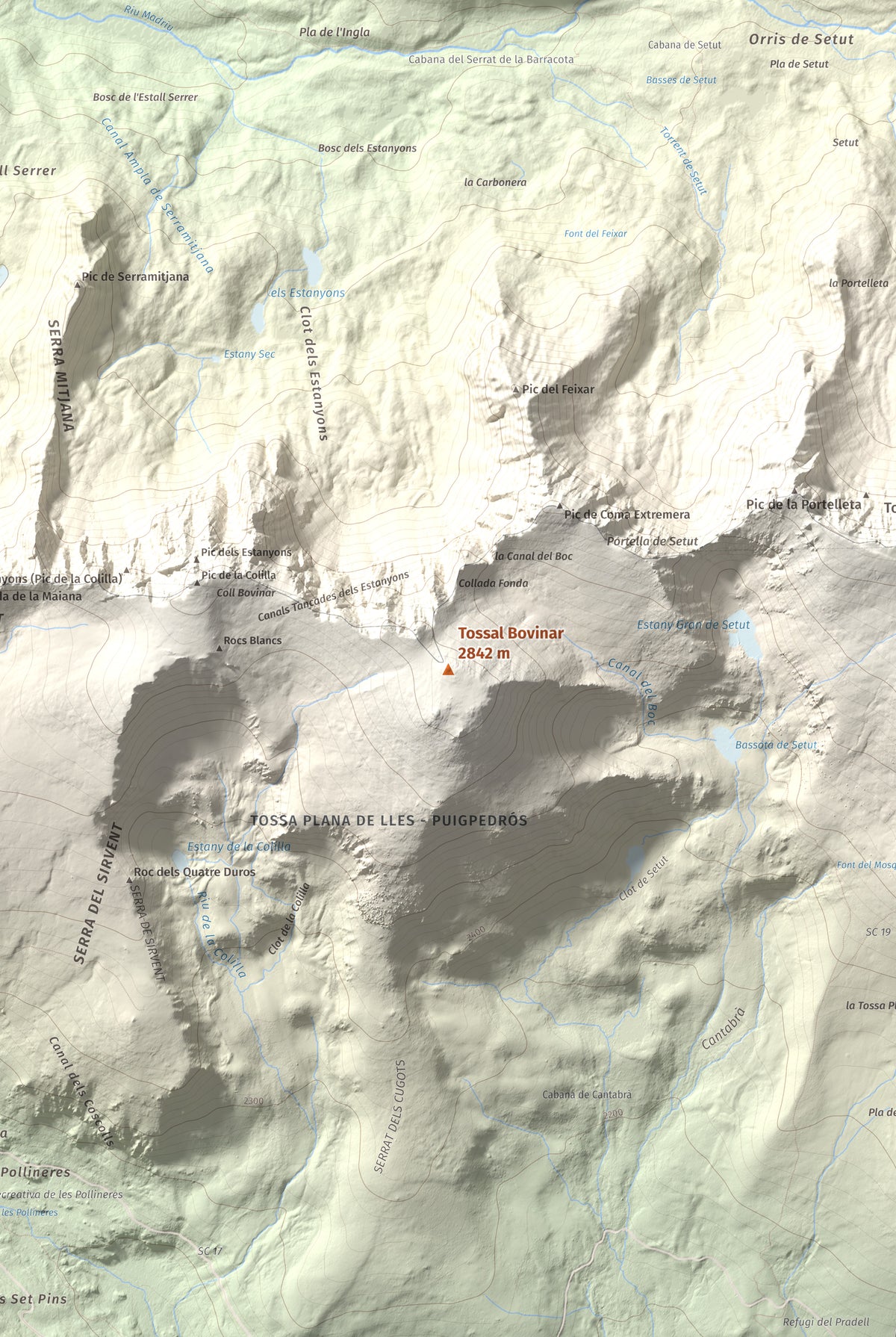 Mapa de relieve de Tossal Bovinar, 2842 m, Cerdanya, lámina 100 Cims de Trobart. Detalle de la zona central. 61 × 91 cm.