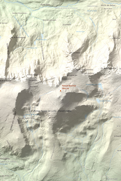 Mapa de relieve de Tossal Bovinar, 2842 m, Cerdanya, lámina 100 Cims de Trobart. Detalle de la zona central. 61 × 91 cm.