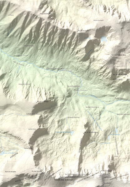 Mapa de relieve de Tossal Bovinar, 2842 m, Cerdanya, lámina 100 Cims de Trobart. Detalle de la zona superior izquierda. 70 × 100 cm.