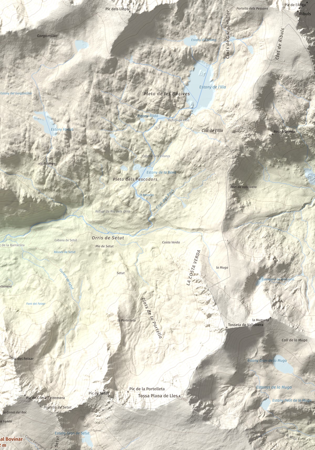 Mapa de relieve de Tossal Bovinar, 2842 m, Cerdanya, lámina 100 Cims de Trobart. Detalle de la zona superior derecha. 70 × 100 cm.