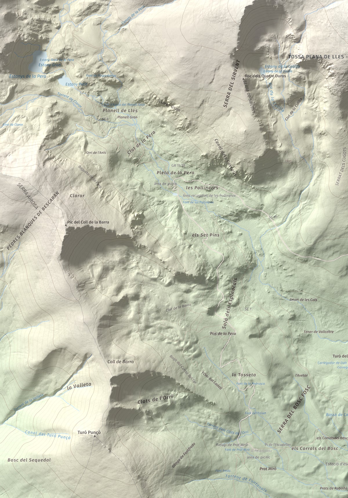 Mapa de relieve de Tossal Bovinar, 2842 m, Cerdanya, lámina 100 Cims de Trobart. Detalle de la zona inferior izquierda. 70 × 100 cm.