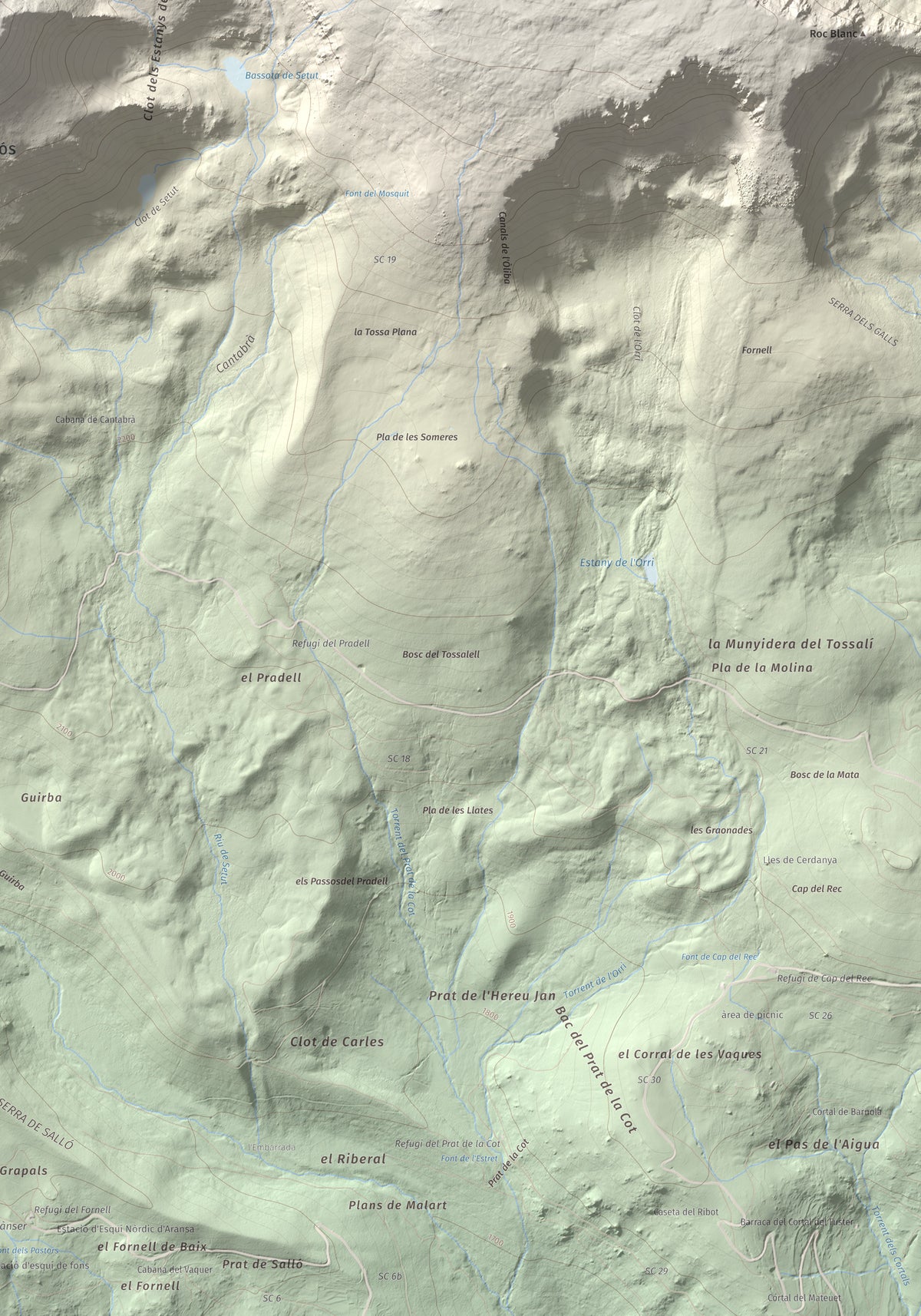 Mapa de relieve de Tossal Bovinar, 2842 m, Cerdanya, lámina 100 Cims de Trobart. Detalle de la zona inferior derecha. 70 × 100 cm.