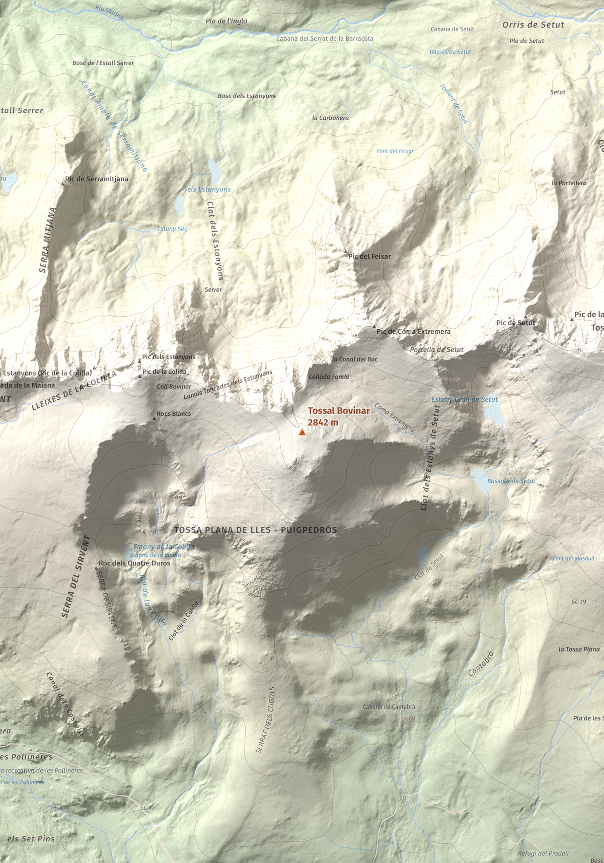 Mapa de relieve de Tossal Bovinar, 2842 m, Cerdanya, lámina 100 Cims de Trobart. Detalle de la zona central. 70 × 100 cm.